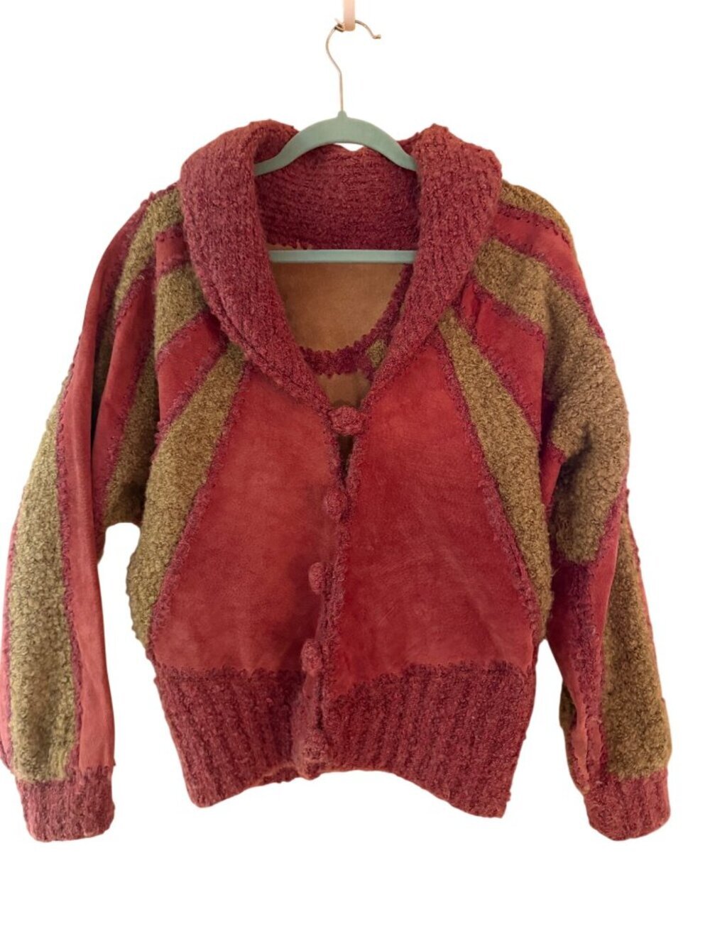Vintage Womens Collared Bouclé Knit Patchwork Jacket Size M Pink Tan Sunburst